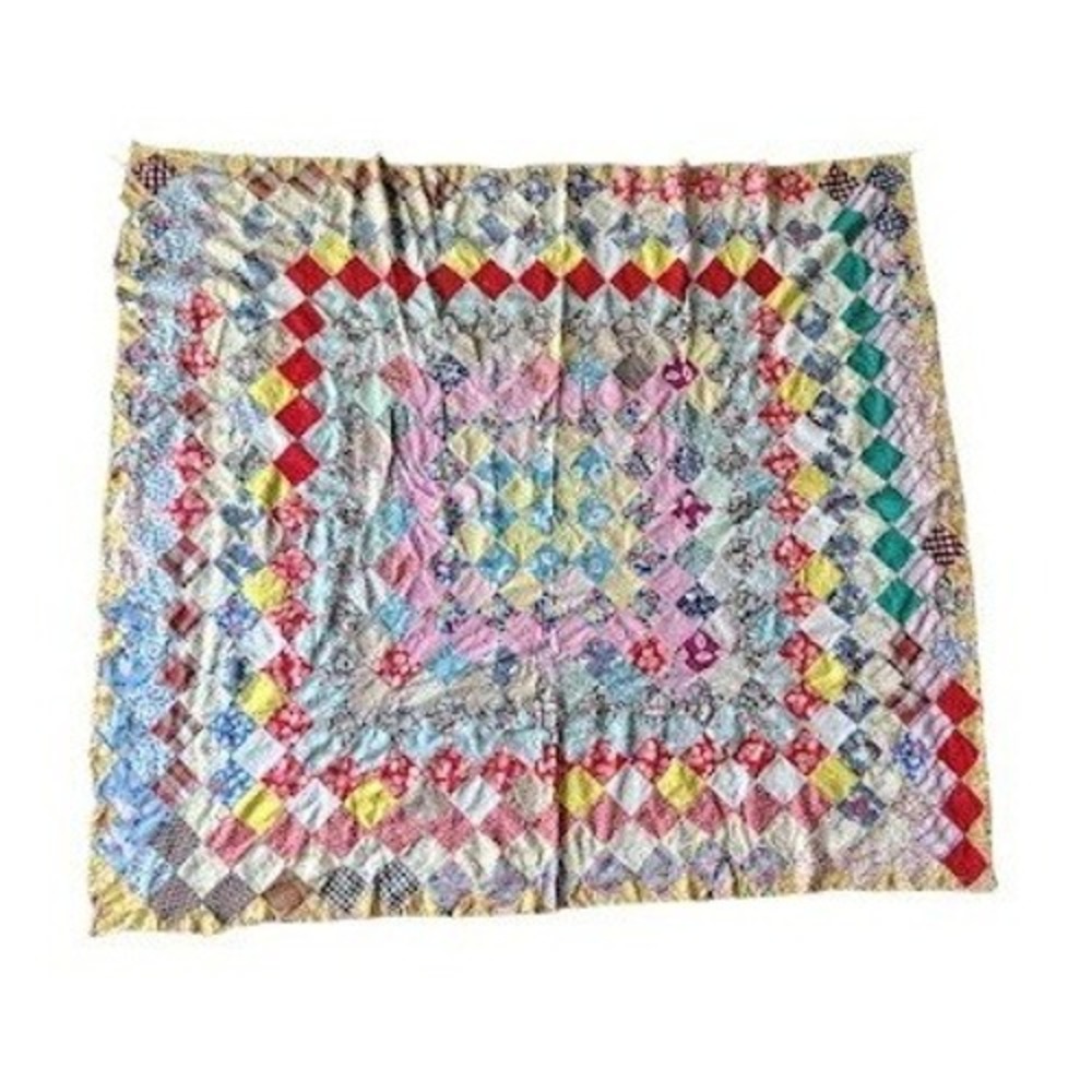1940s Trip Around World Quilt Top Only Feedsack Patchwork 65x73 Scrap